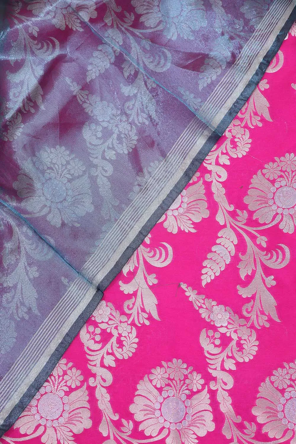Pink Banarasi Silk Sona Roopa Suit With Blue Tissue Dupatta