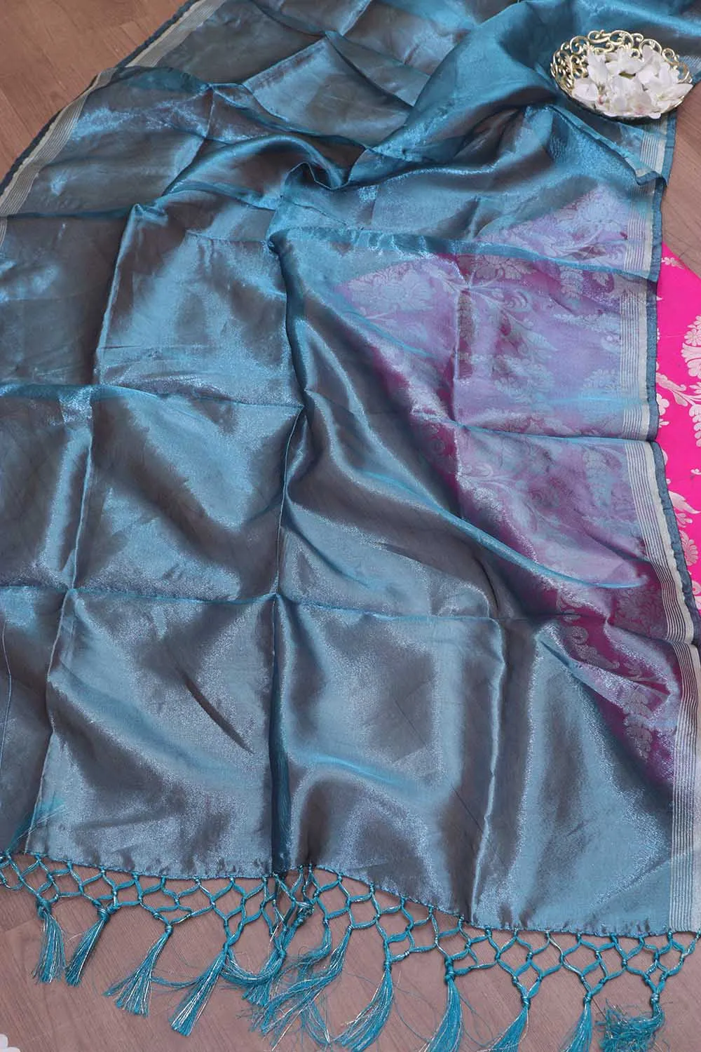 Pink Banarasi Silk Sona Roopa Suit With Blue Tissue Dupatta