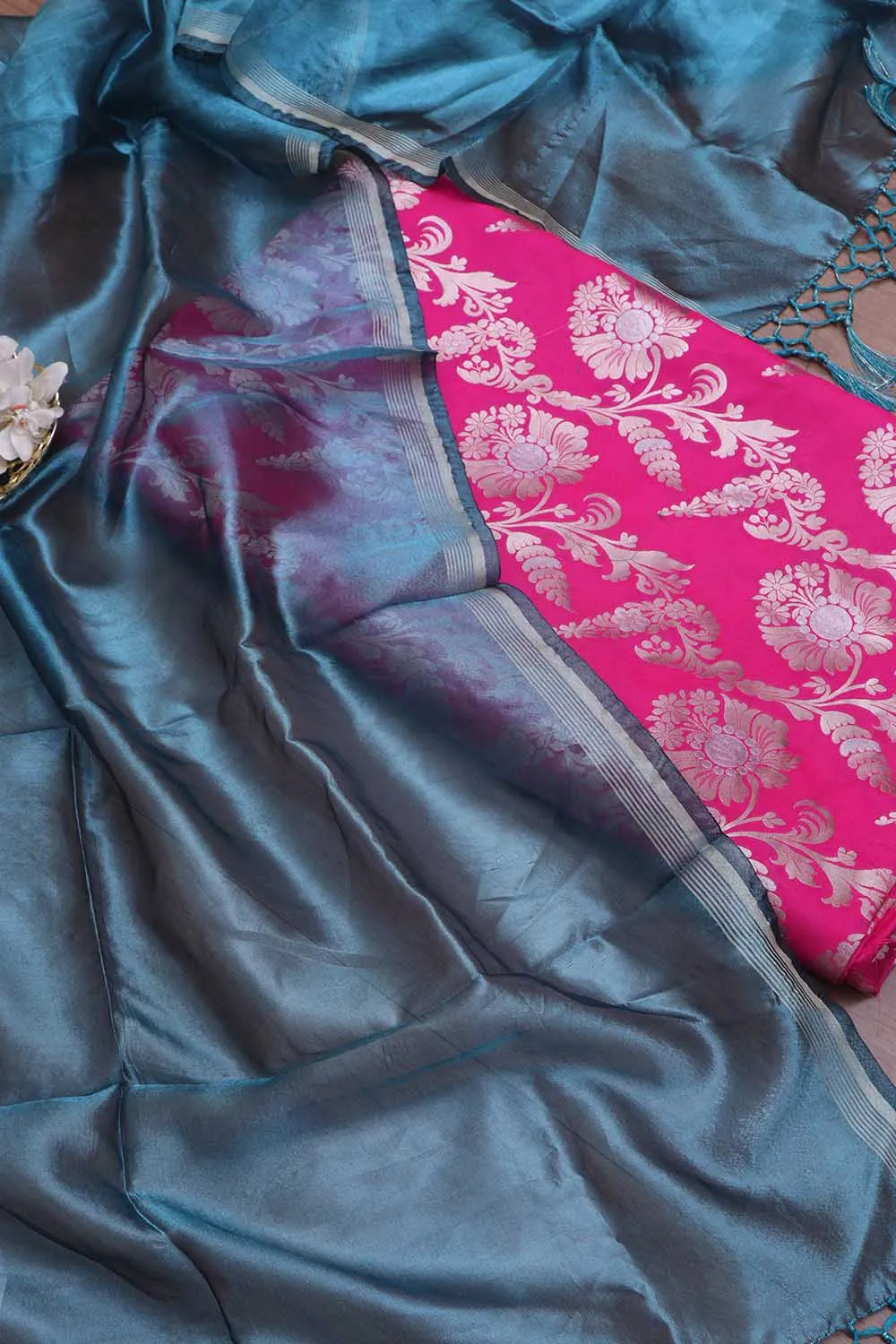 Pink Banarasi Silk Sona Roopa Suit With Blue Tissue Dupatta