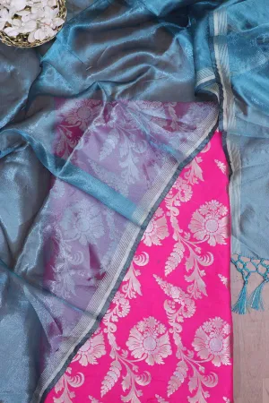 Pink Banarasi Silk Sona Roopa Suit With Blue Tissue Dupatta