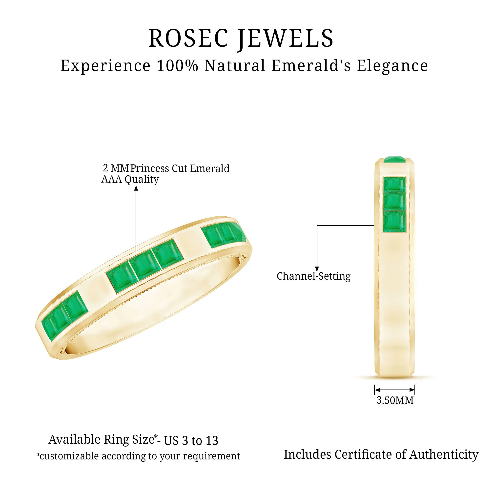 Princess Cut Emerald Wedding Band in Channel Setting