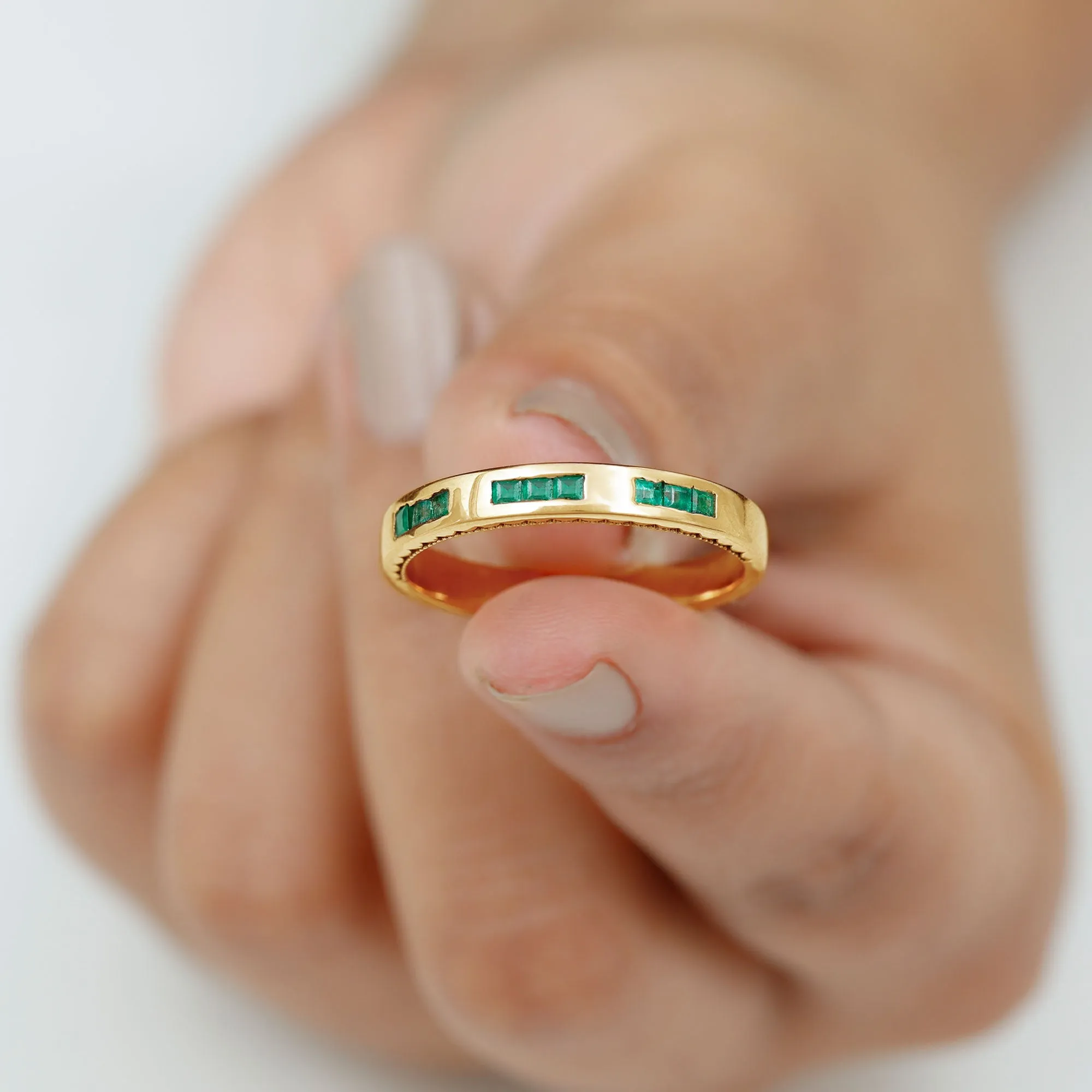 Princess Cut Emerald Wedding Band in Channel Setting