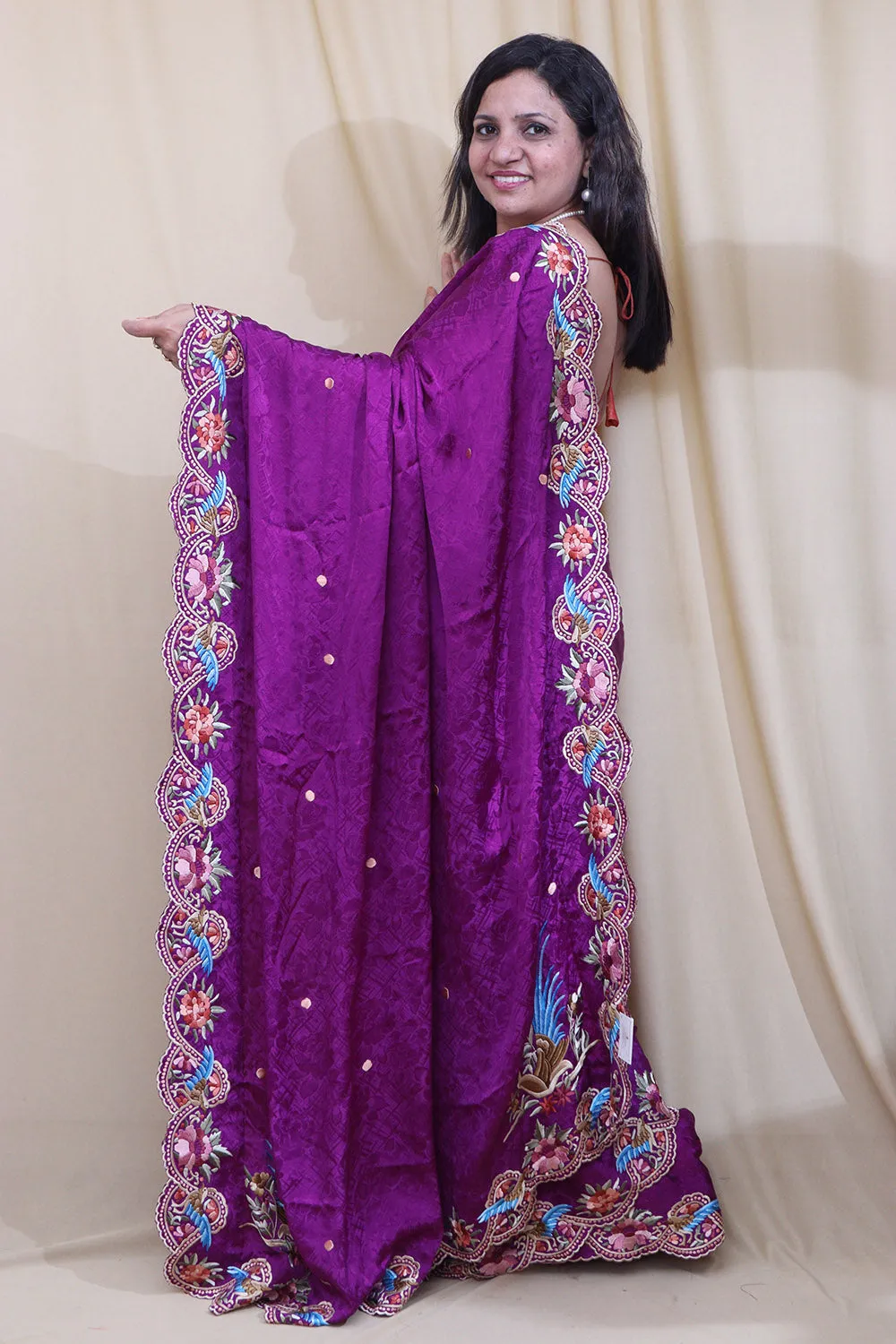 Purple Hand Embroidered Parsi Gara Pure Crepe Scalloped Border Saree