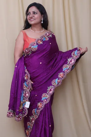 Purple Hand Embroidered Parsi Gara Pure Crepe Scalloped Border Saree