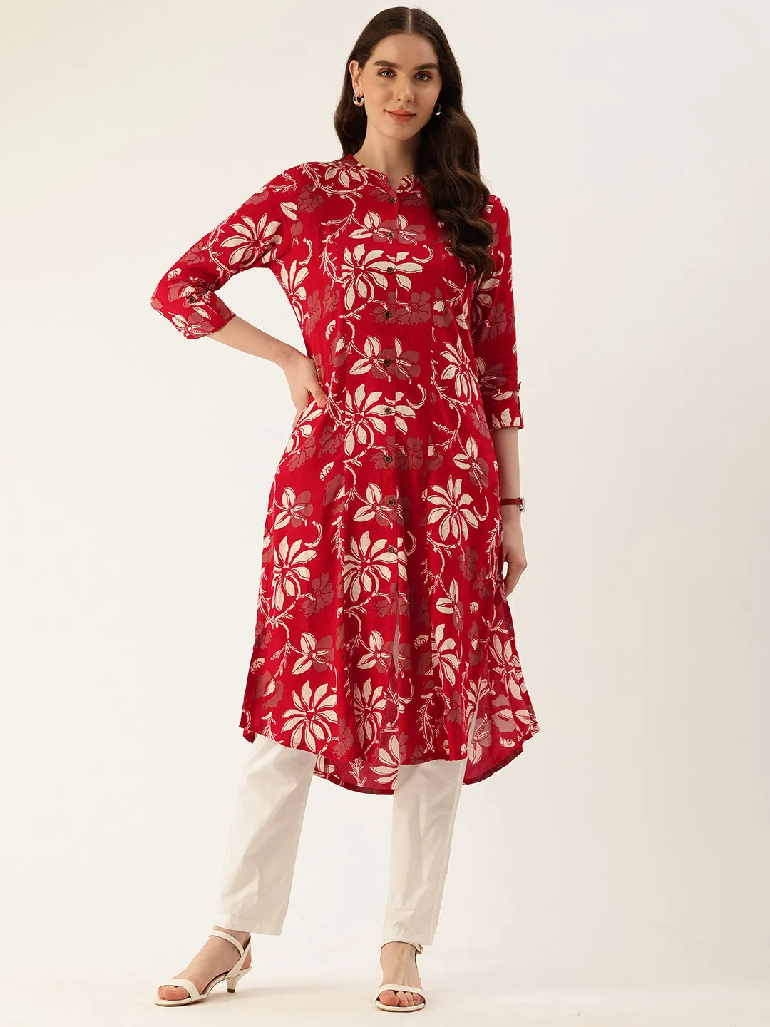 Red Floral Printed Kurta