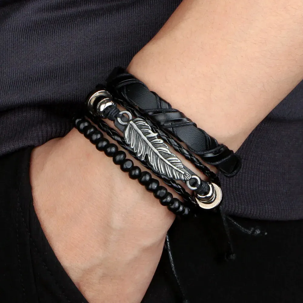 Retro Beaded Leather Bracelets Set for Men Life Tree Jewelry Charm 4Pcs/ Set Wood Beads Ethnic Tribal Man Bracelet Wholesale