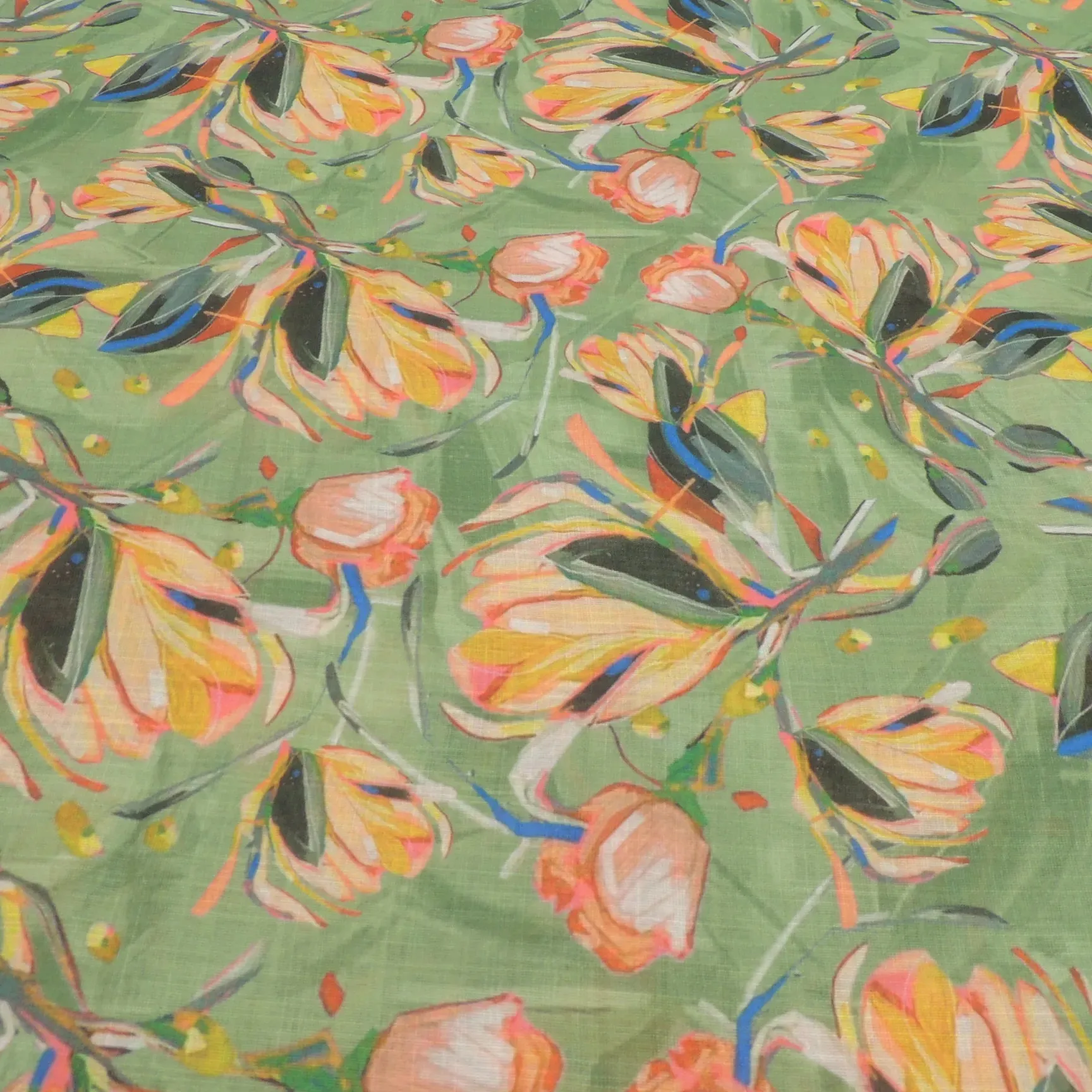 Sea Green Floral Digital Print On Cotton Linen Fabric