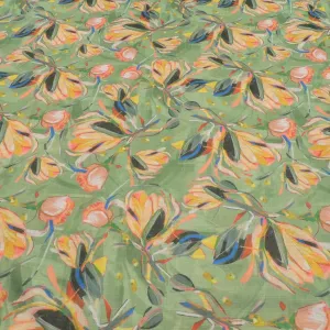 Sea Green Floral Digital Print On Cotton Linen Fabric