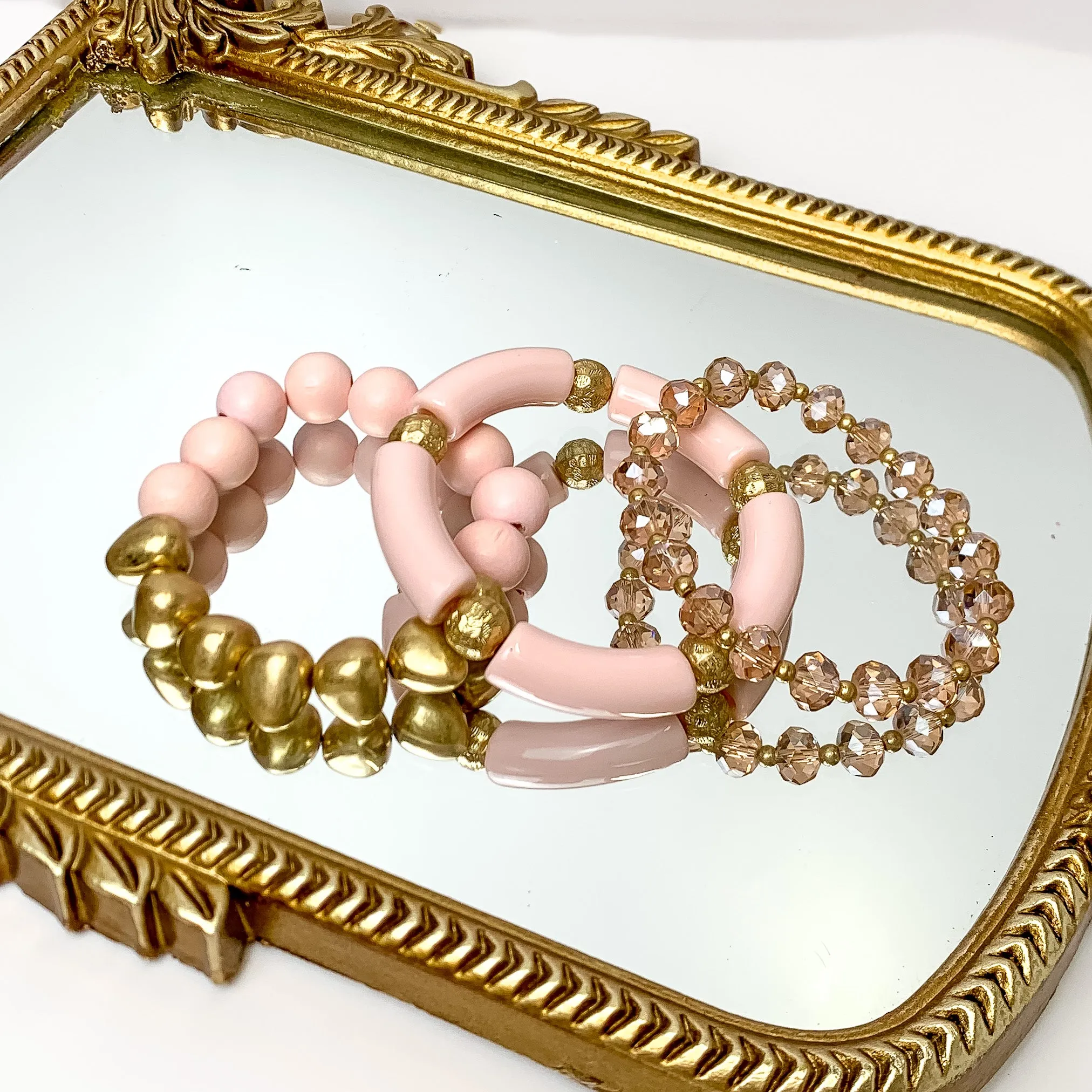 Set of Three | Island Dream Crystal and Marble Beaded Bracelet Set in Light Pink