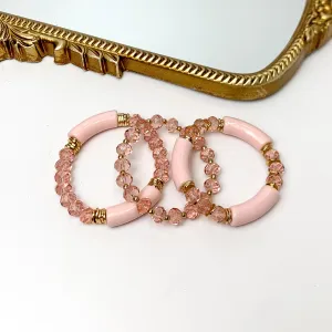 Set of Three | Sunny Bliss Crystal Beaded Bracelet Set in Light Pink