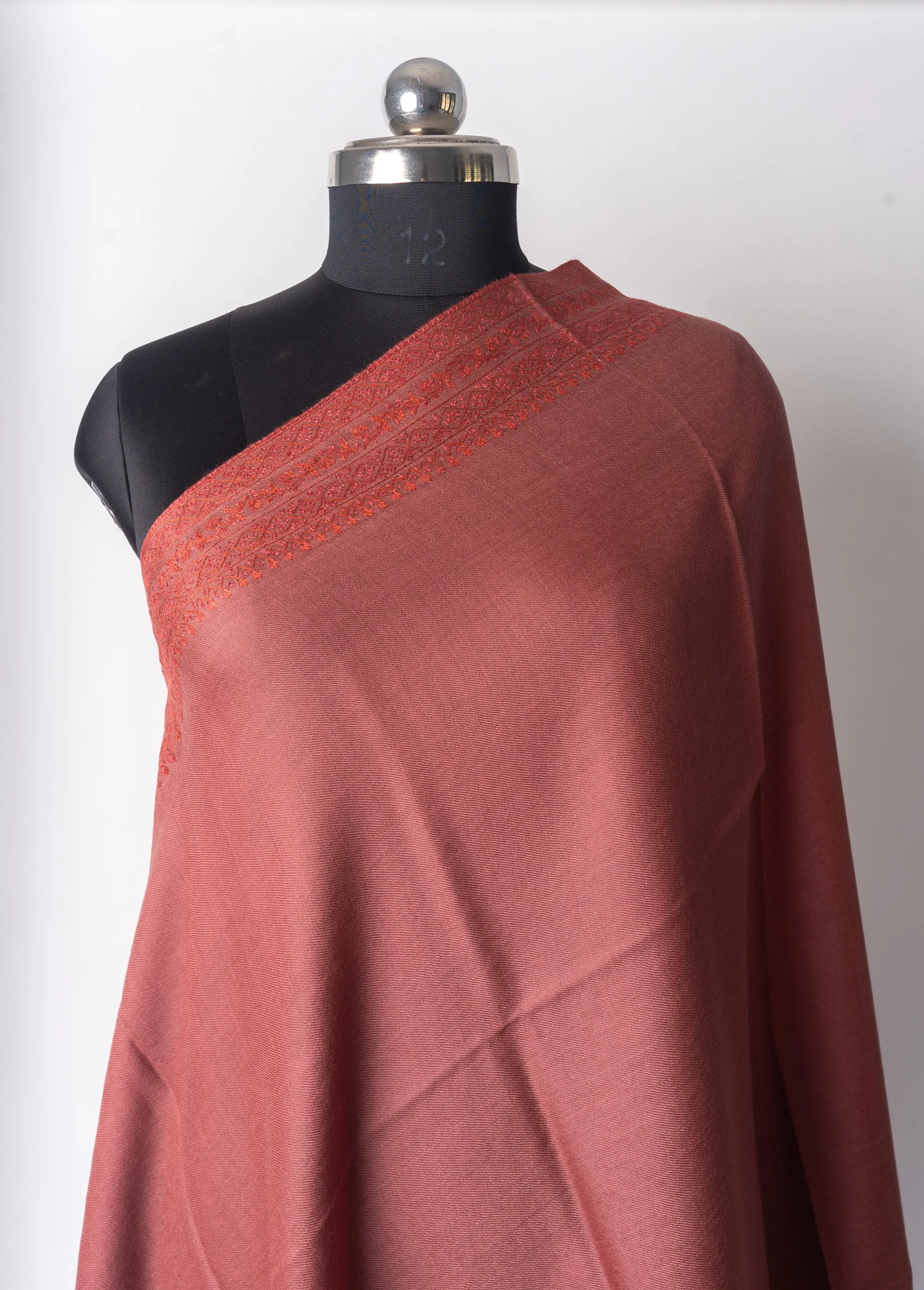 Sienna Serenity: Hand Embroidered Merino Wool Sozni Shawl
