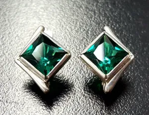 Square Emerald Studs - Green Asymmetric Earrings - Vintage Square Earrings
