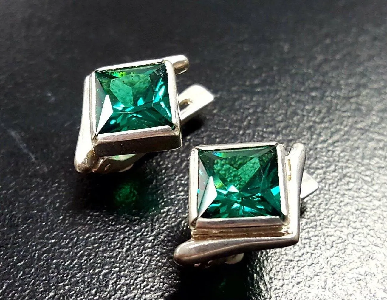 Square Emerald Studs - Green Asymmetric Earrings - Vintage Square Earrings