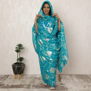 Turquoise Blue Sudanese Thobe Fabric in Pure Silk Chiffon with Metallic Lurex, 4.5 Meters, 110 cm Width-D20396