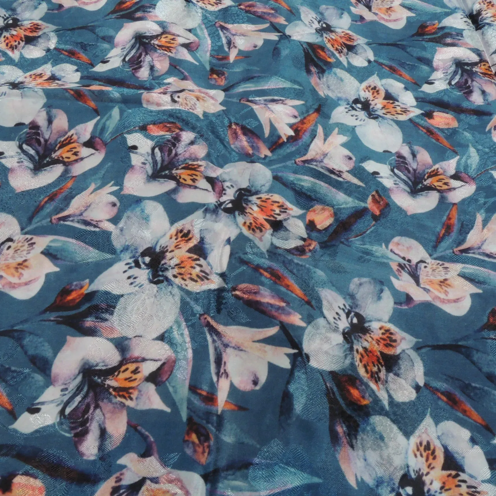 Turquoise Floral Digital Print Jacquard On Viscose Crepe Fabric