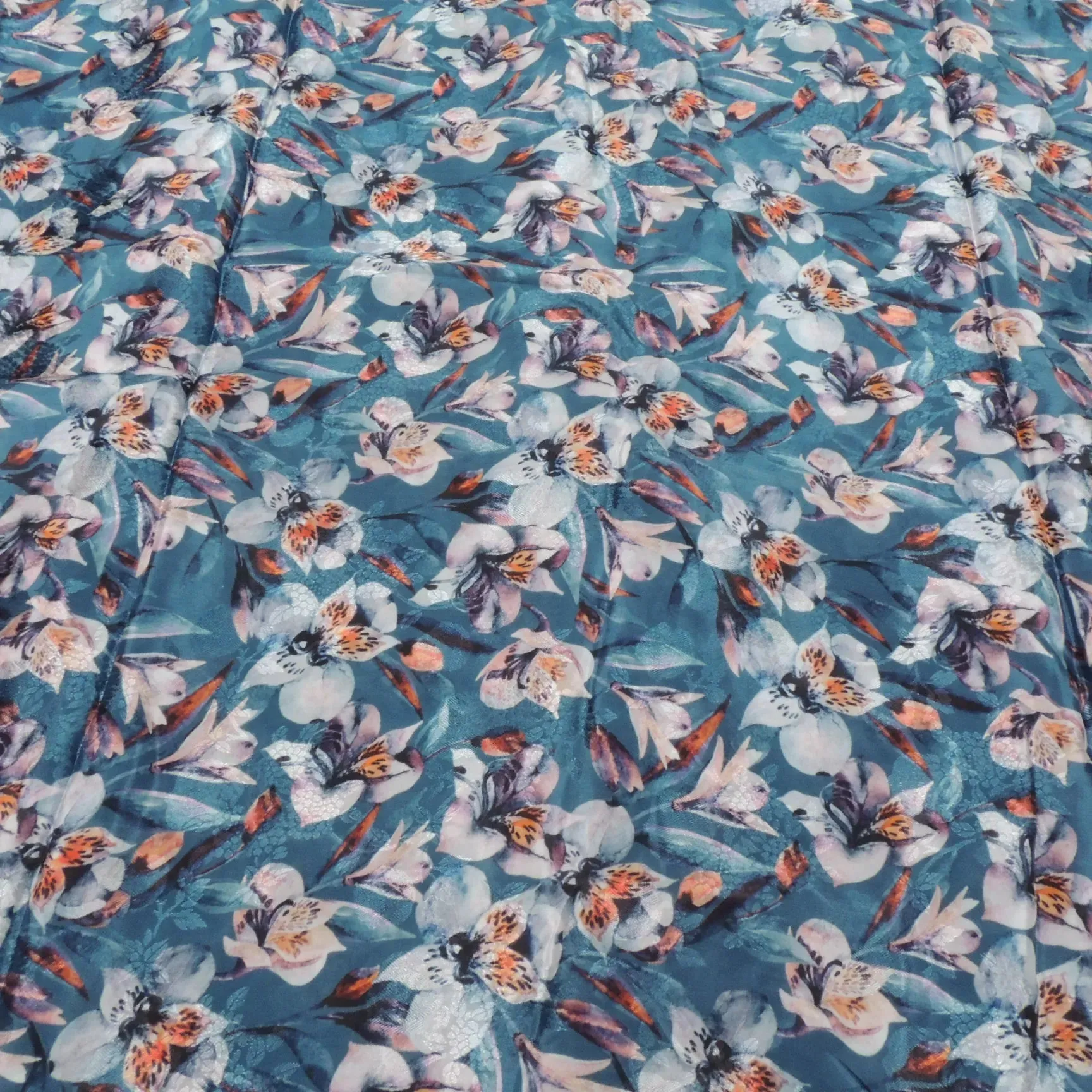 Turquoise Floral Digital Print Jacquard On Viscose Crepe Fabric