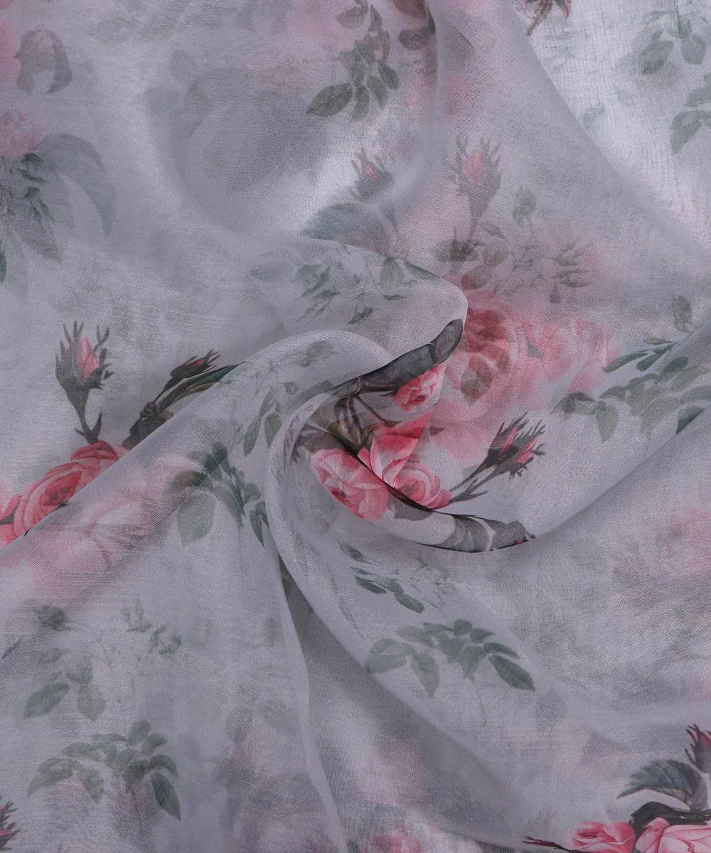 White Colour Floral Print Organza Silk Fabric