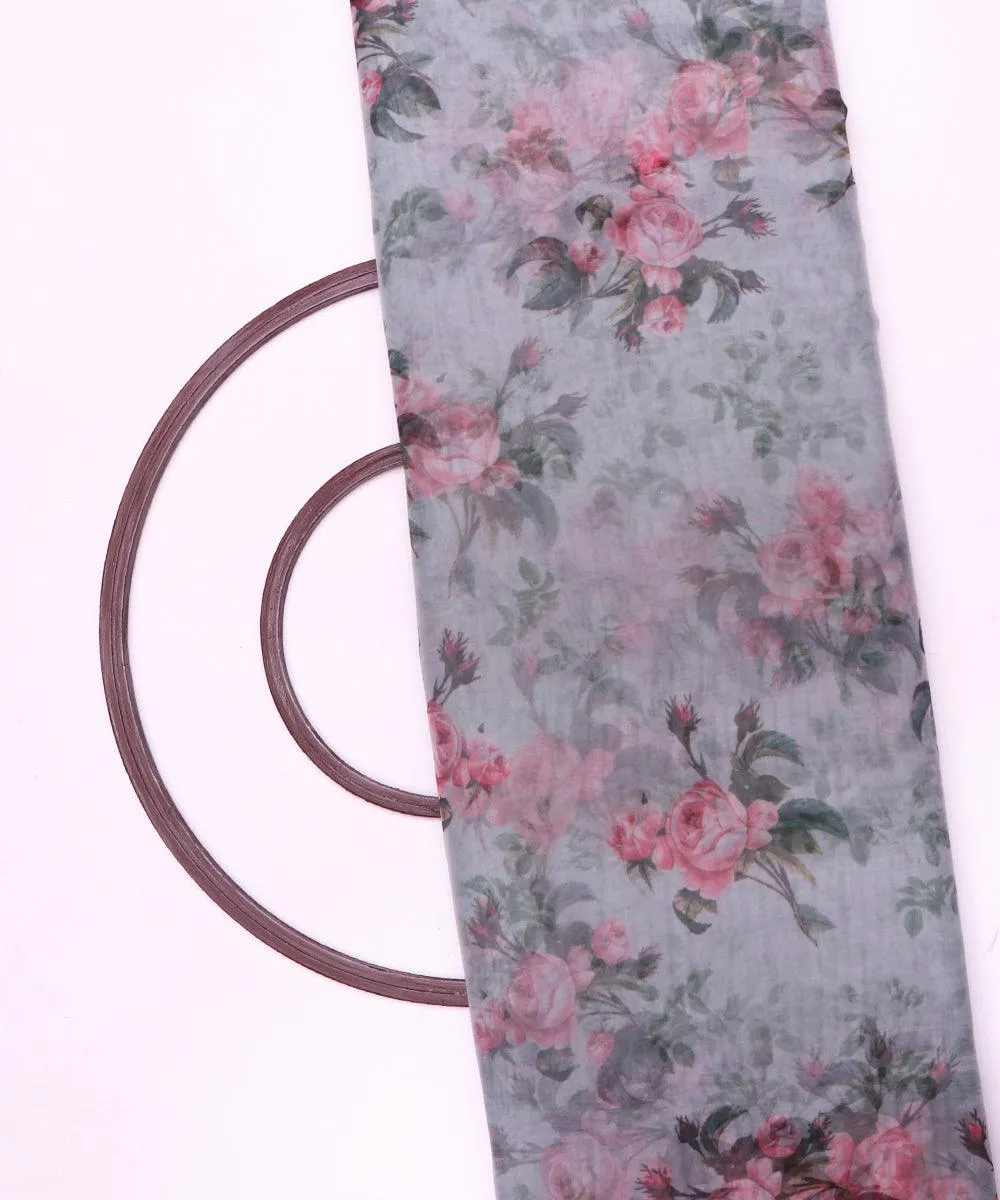 White Colour Floral Print Organza Silk Fabric