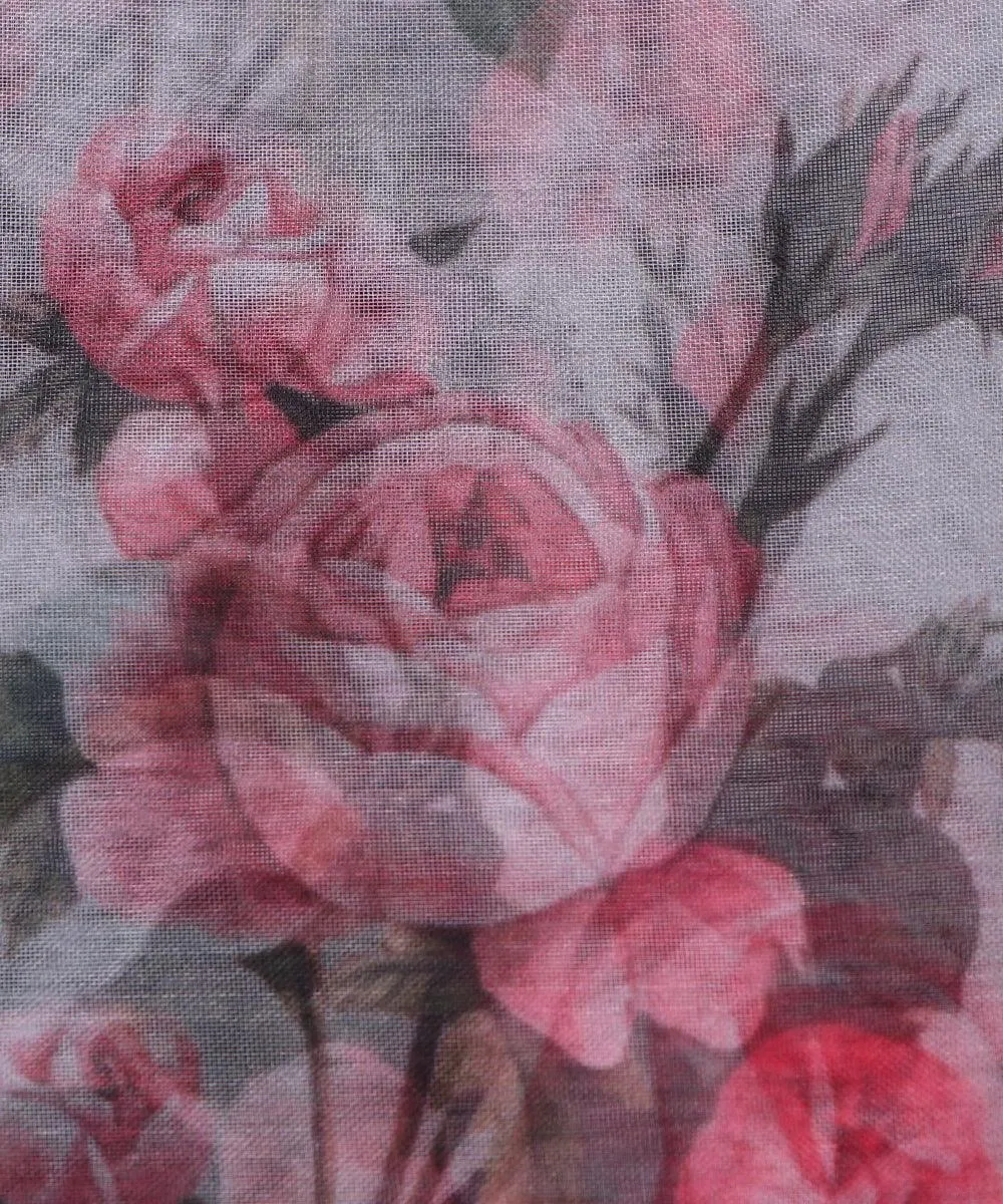 White Colour Floral Print Organza Silk Fabric