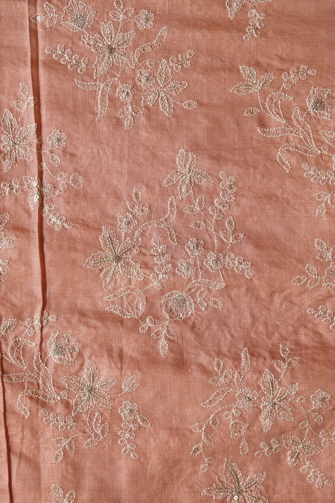 White Thread With Gold Sequins Floral Embroidery On Dusty Peach Pure Bamboo Silk Fabric