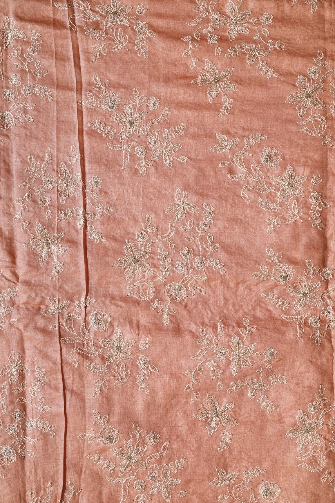 White Thread With Gold Sequins Floral Embroidery On Dusty Peach Pure Bamboo Silk Fabric