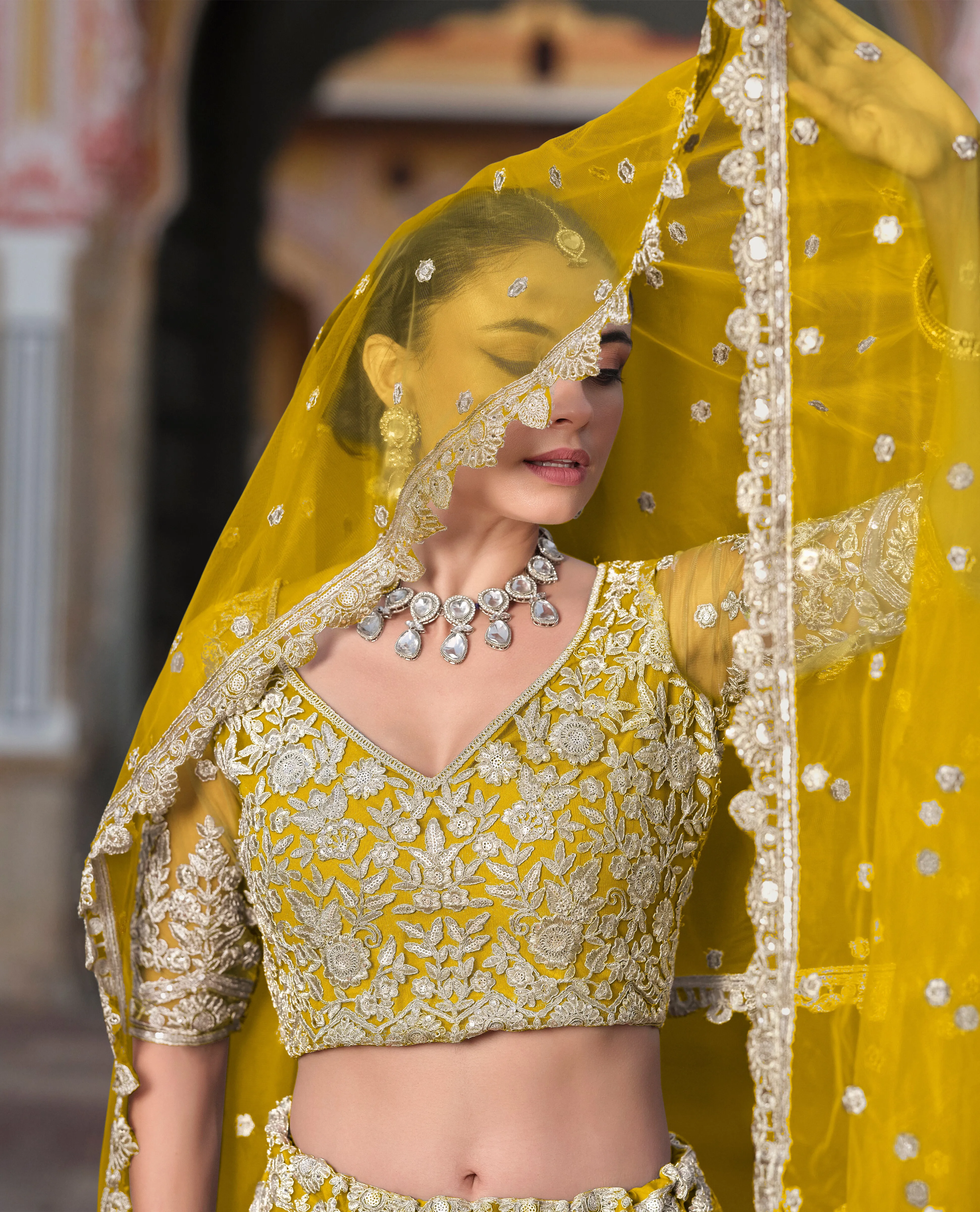 Yellow Embroidered Net Bridal Lehenga Choli